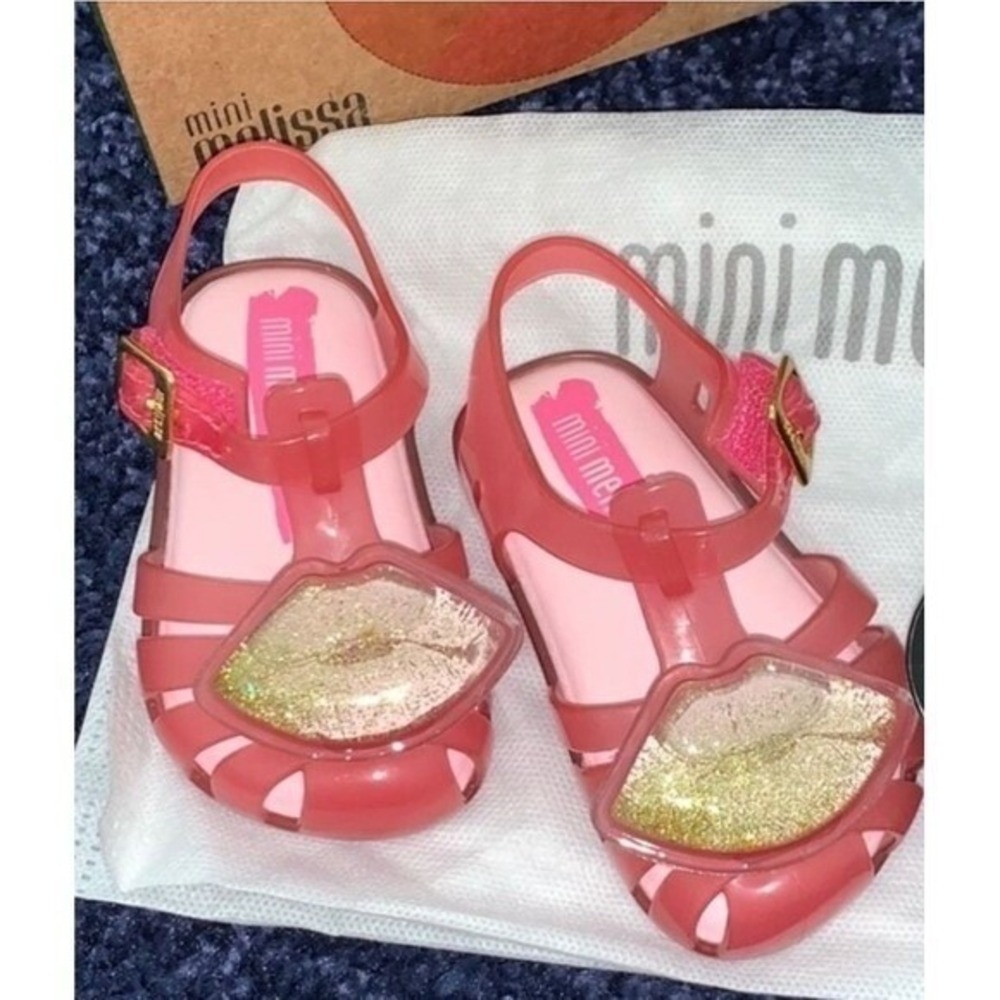 NIB Mini Melissa Aranha XIV BB Toddler 5 Pink Gold Glitter‎ Lips Jelly Sandals